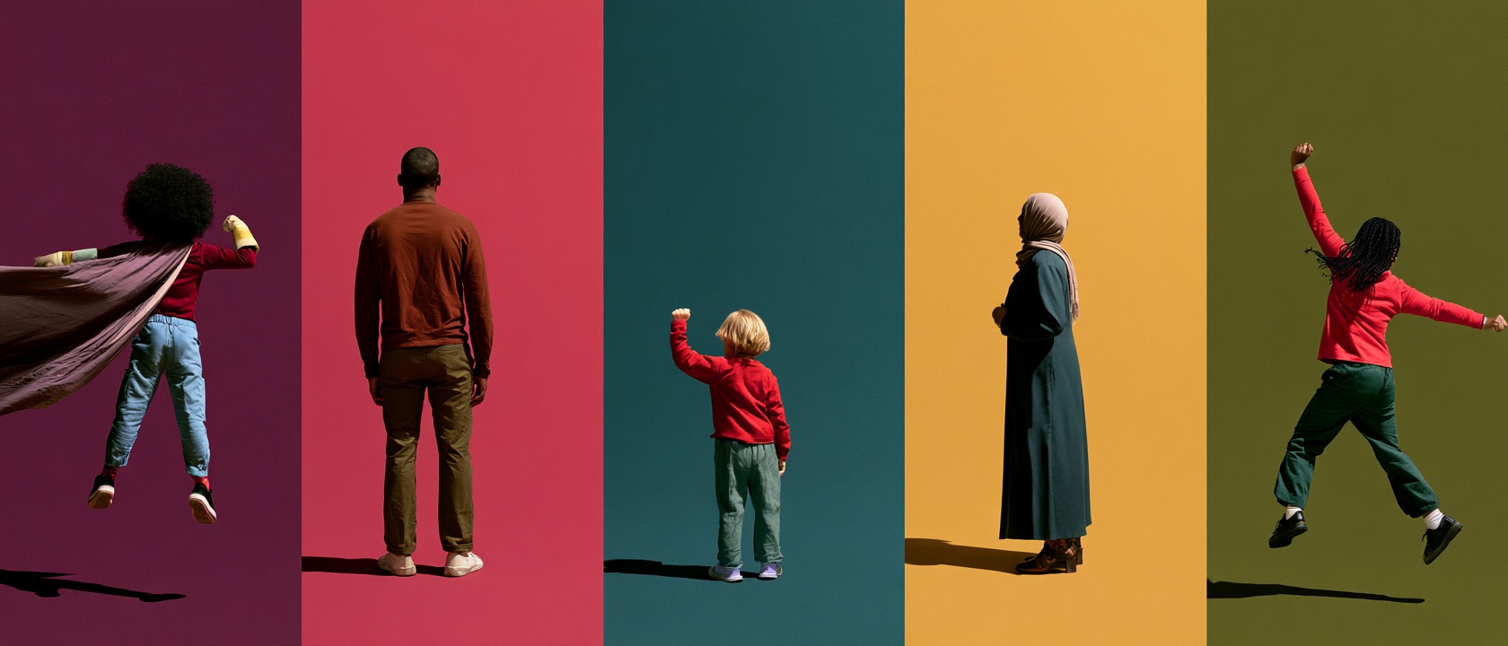 Vijf mensen op de rug gezien, elk voor een eigen kleurvlak: een kind met een cape, een man, een peuter, een vrouw met hoofddoek en een springend meisje
